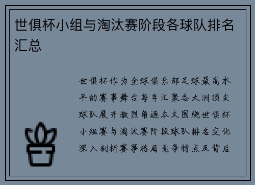 世俱杯小组与淘汰赛阶段各球队排名汇总