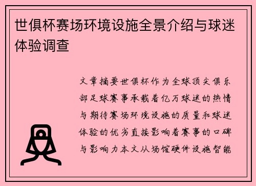 世俱杯赛场环境设施全景介绍与球迷体验调查